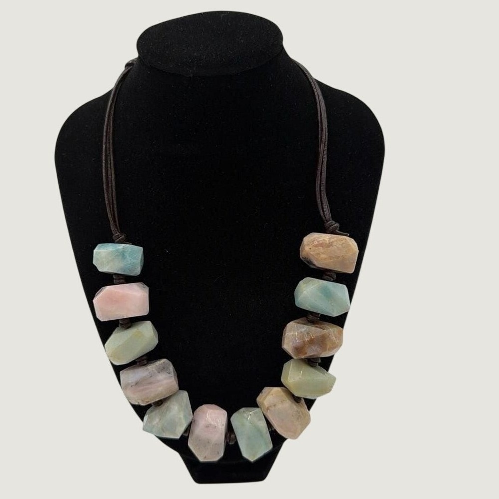 HOB Necklace OS Pastel Stone Leather Cord Sterling Silver Bead Boho Multi Color